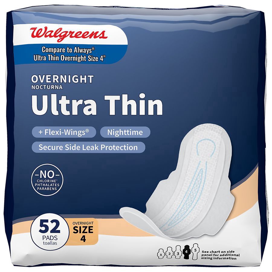 slide 1 of 5, Walgreens Ultra Thin Overnight Maxi Pads Unscented, 52 ct