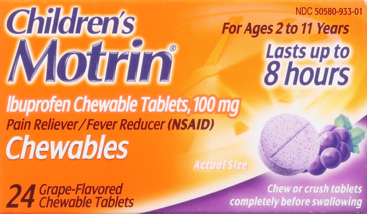 slide 9 of 9, Children's Motrin Chewable Tablets with Ibuprofen, Kids' Fever Reducer & Pain Reliever for Sore Throat, Fever, Toothache & Pain Relief, Grape Flavor, 24 ct, 24 ct