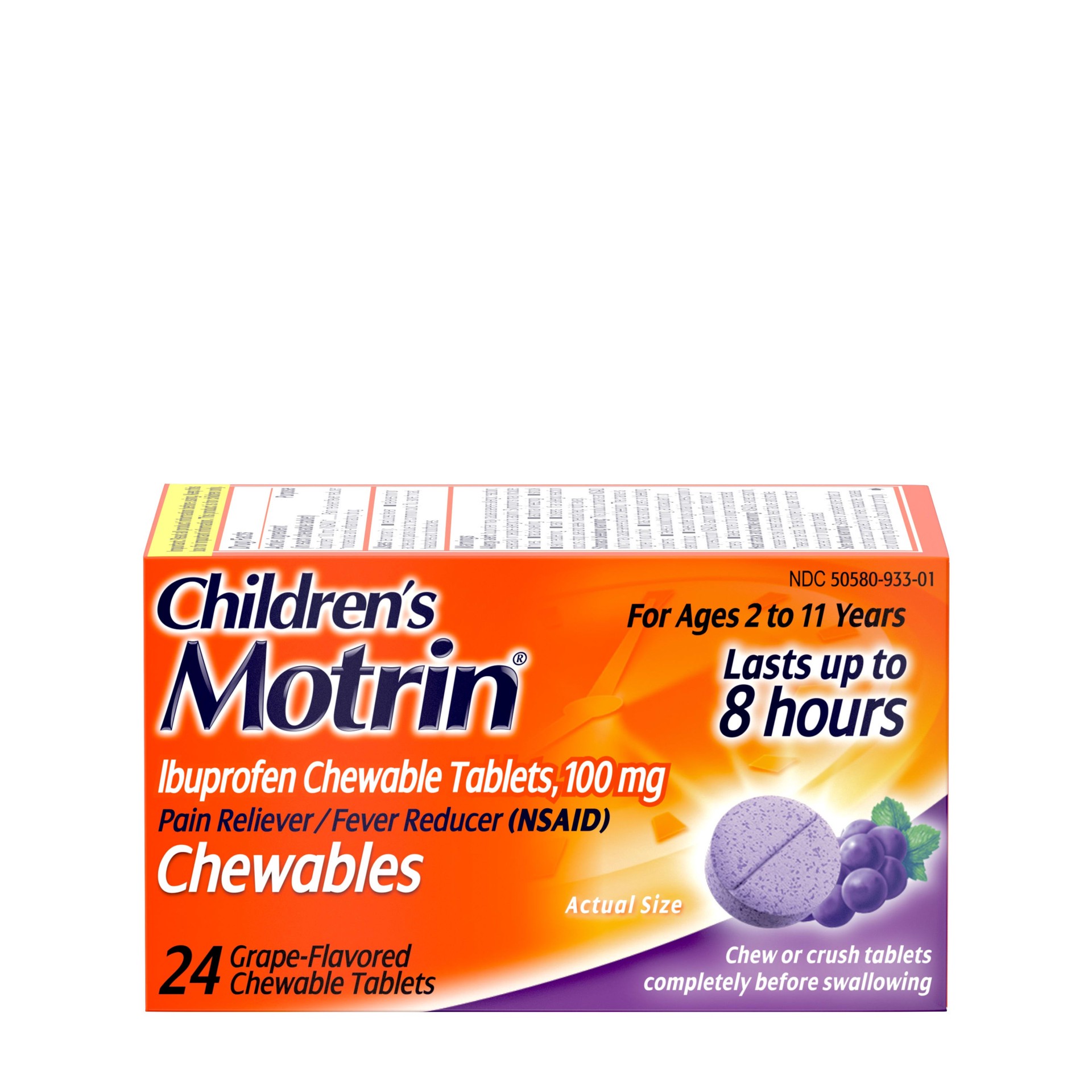 slide 1 of 9, Children's Motrin Chewable Tablets with Ibuprofen, Kids' Fever Reducer & Pain Reliever for Sore Throat, Fever, Toothache & Pain Relief, Grape Flavor, 24 ct, 24 ct