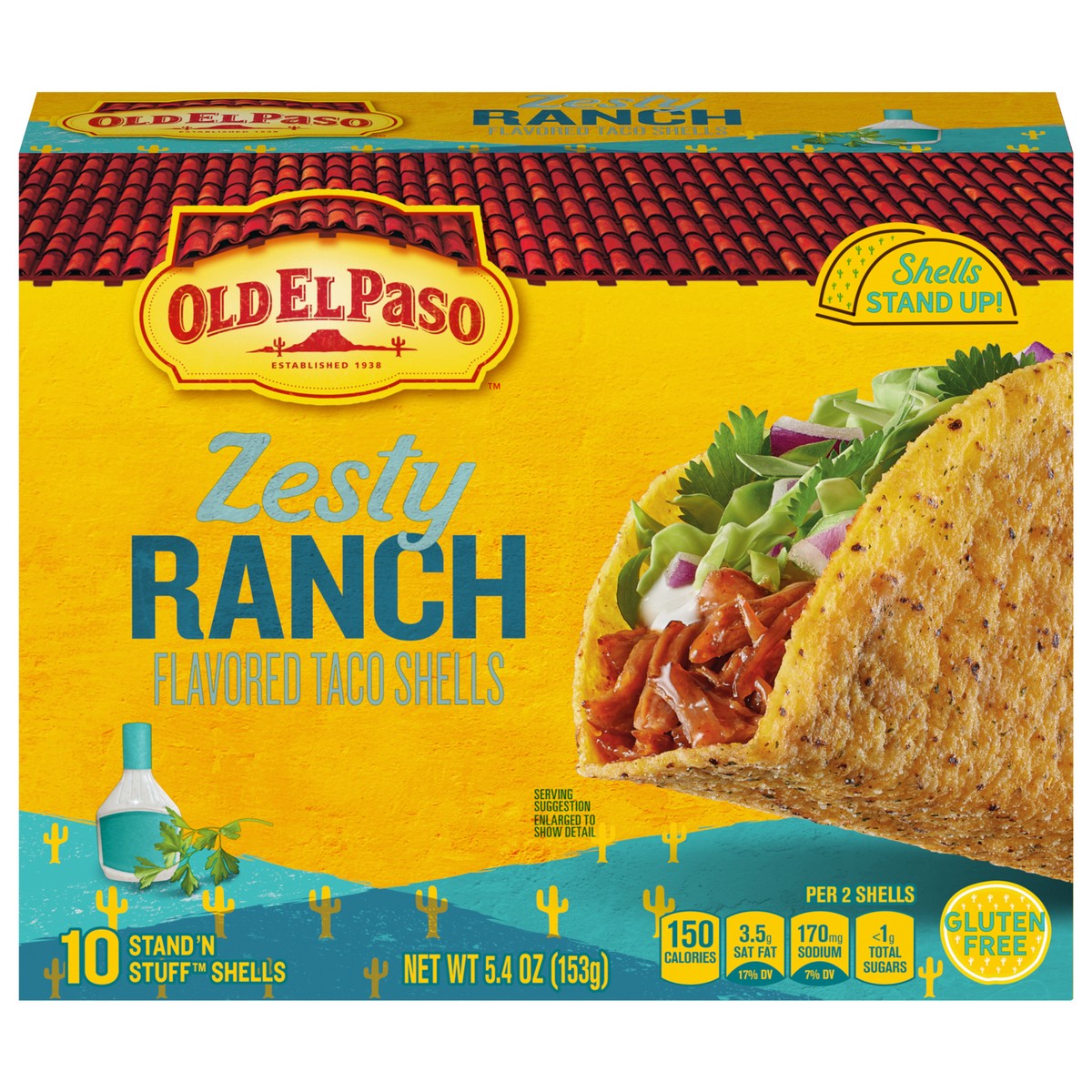 slide 1 of 13, Old El Paso Stand ‘N Stuff Taco Shells, Zesty Ranch Flavored, Gluten Free Crunchy Corn Taco Shells, 10 Count, 5.4 oz, 10 ct