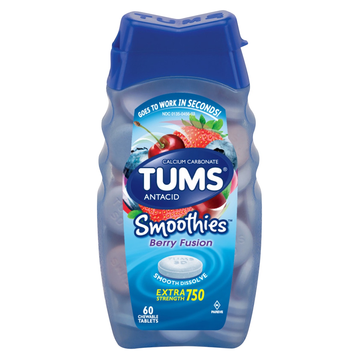 slide 1 of 1, TUMS Smoothies Chewable Antacid Tablets for Extra Strength Heartburn Relief, Berry Fusion - 60 Count, 60 ct