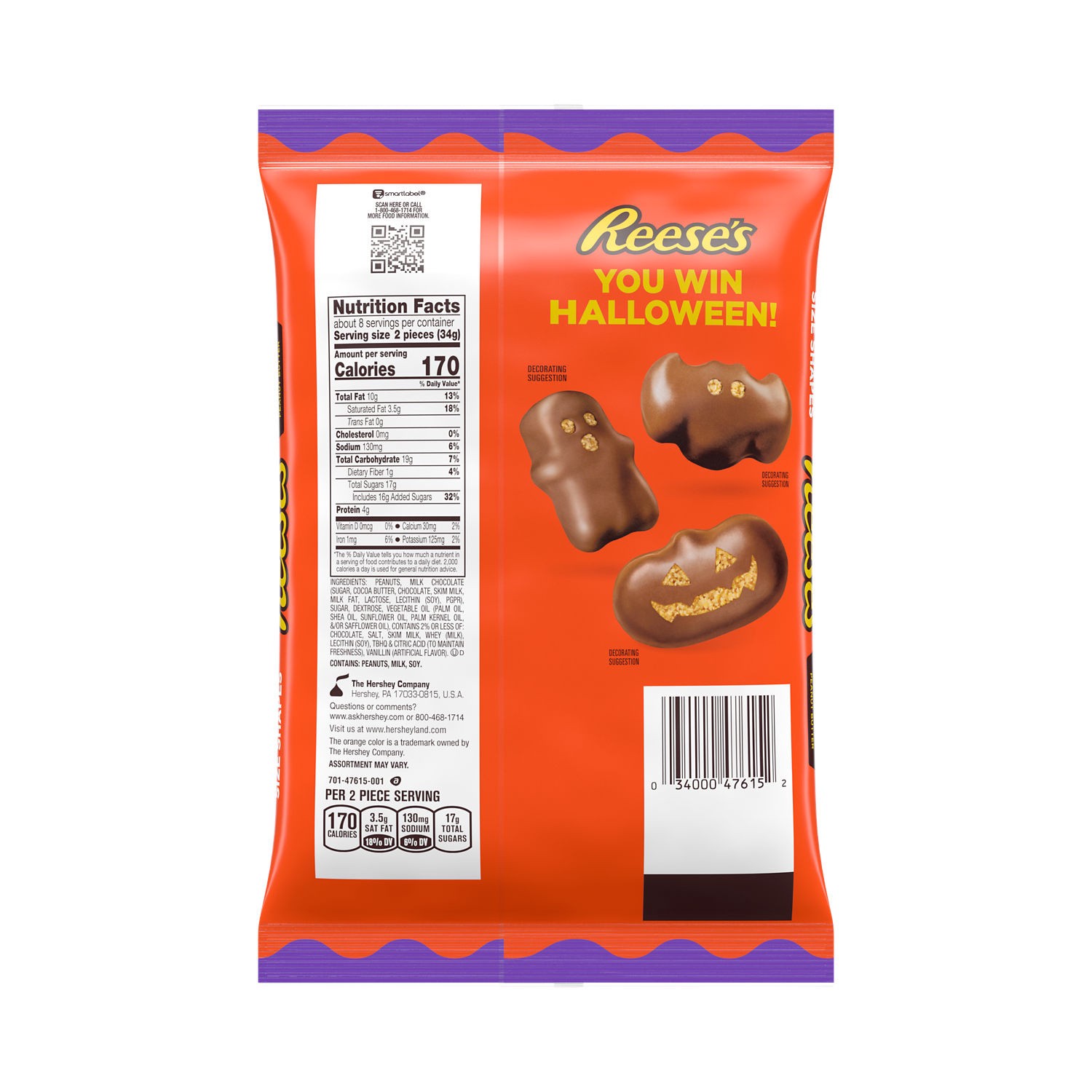 slide 2 of 8, Reese's Assorted Milk Chocolate Snack Size Peanut Butter Shapes, Halloween Candy Bag, 9 oz, 9 oz