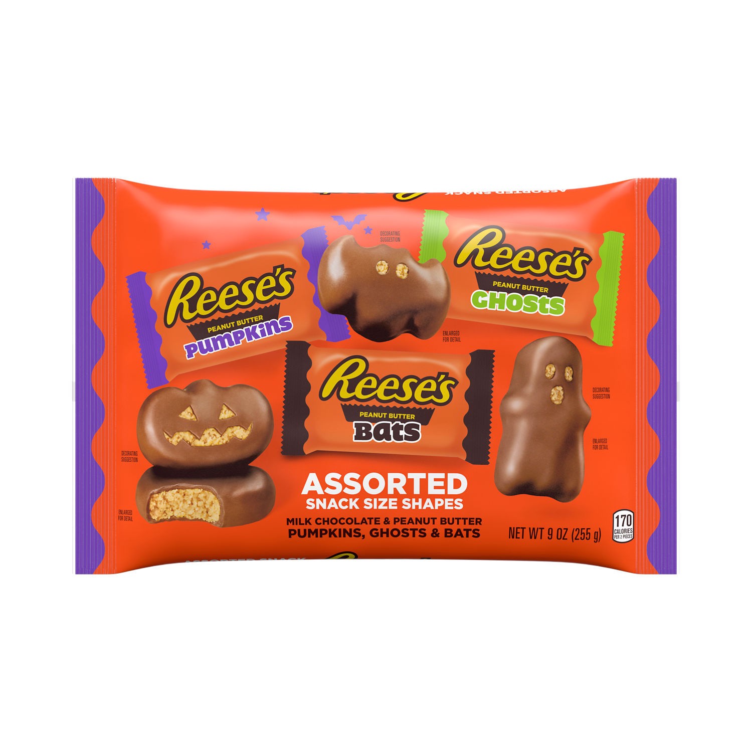 slide 1 of 8, Reese's Assorted Milk Chocolate Snack Size Peanut Butter Shapes, Halloween Candy Bag, 9 oz, 9 oz