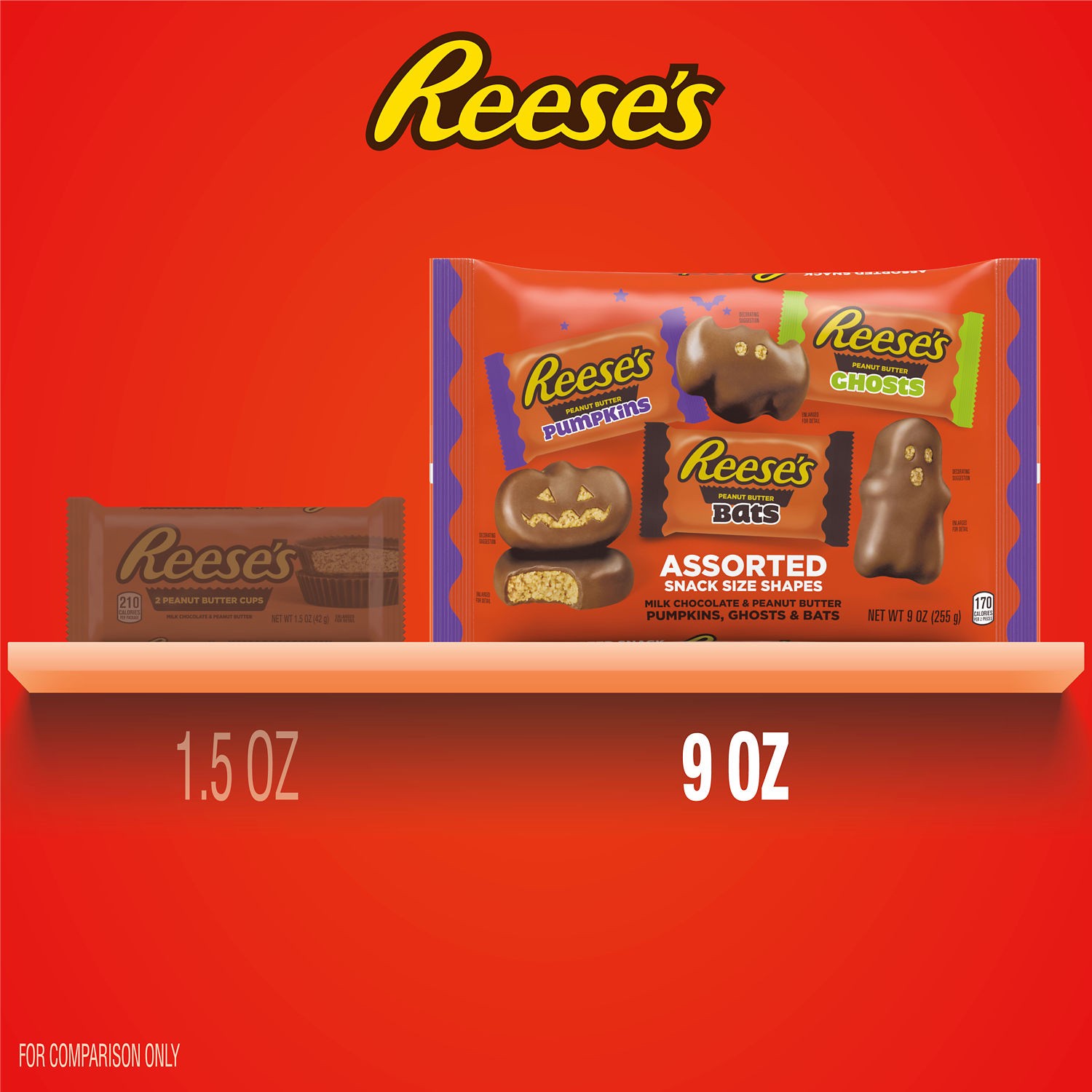 slide 7 of 8, Reese's Assorted Milk Chocolate Snack Size Peanut Butter Shapes, Halloween Candy Bag, 9 oz, 9 oz