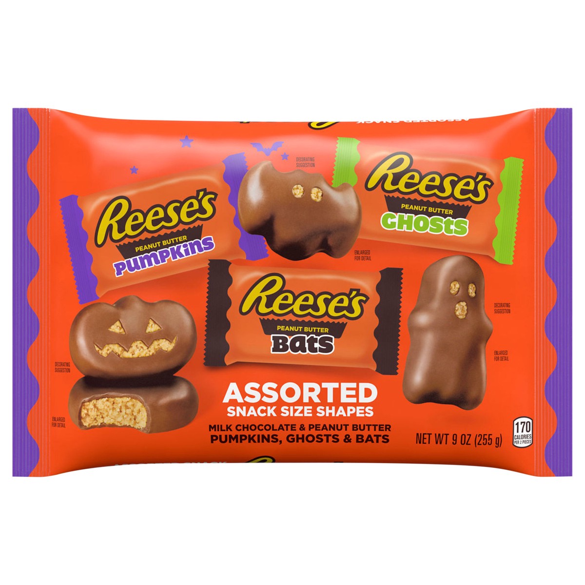 slide 1 of 8, Reese's Assorted Milk Chocolate Snack Size Peanut Butter Shapes, Halloween Candy Variety Bag, 9 oz, 9 oz