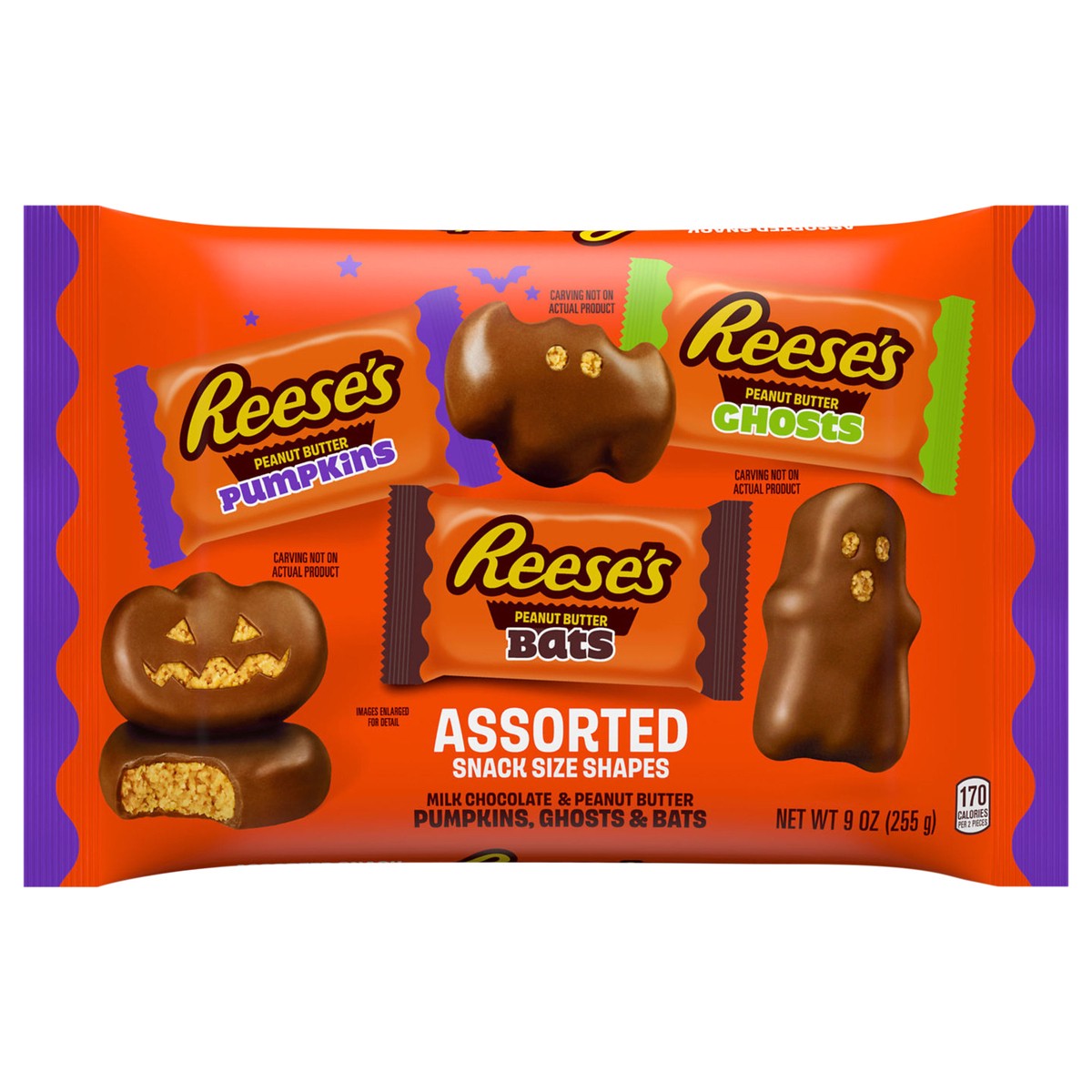 slide 1 of 8, Reese's Assorted Milk Chocolate Snack Size Peanut Butter Shapes, Halloween Candy Variety Bag, 9 oz, 9 oz