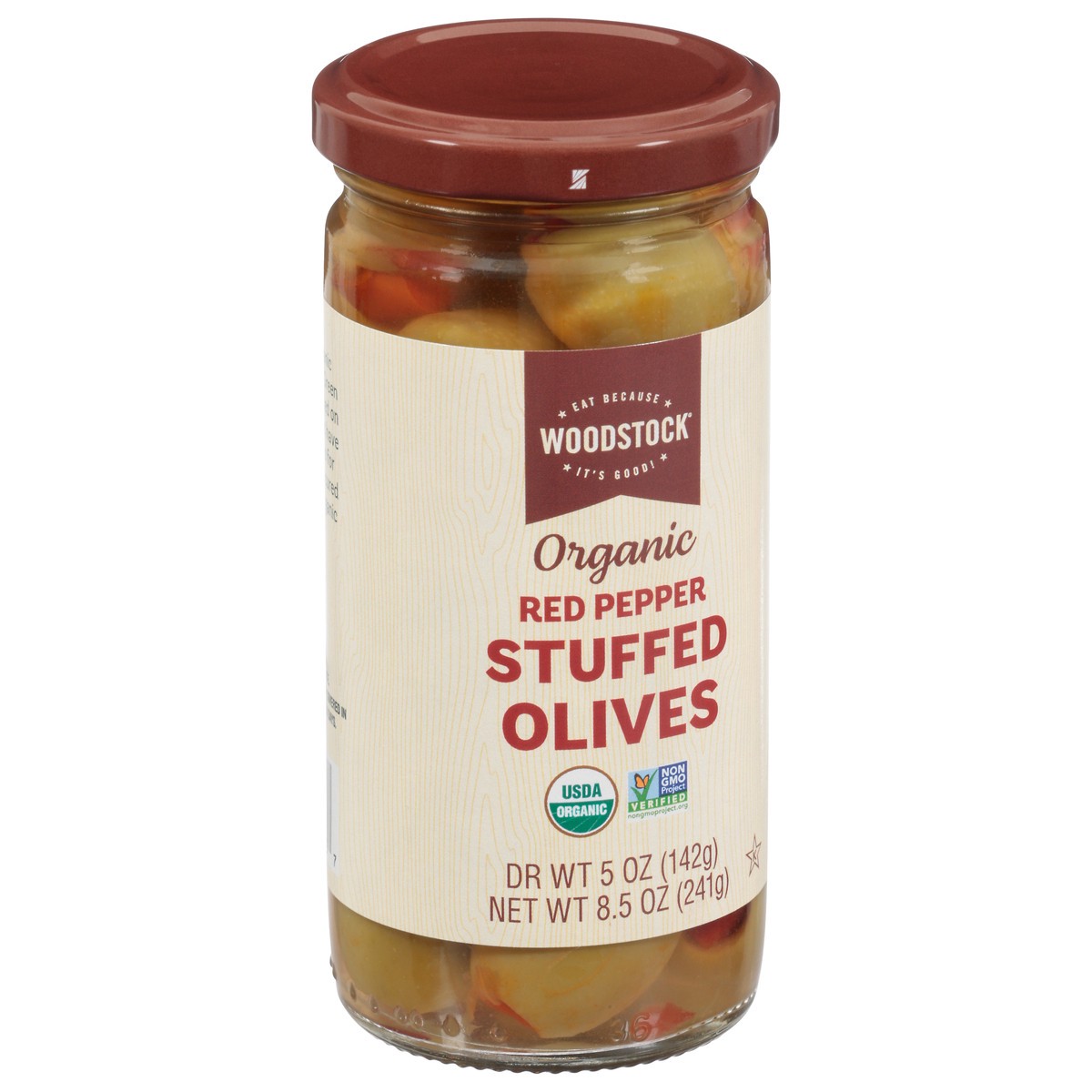 slide 2 of 13, Woodstock Og Red Pepper Stfd Olives, 8.5 oz