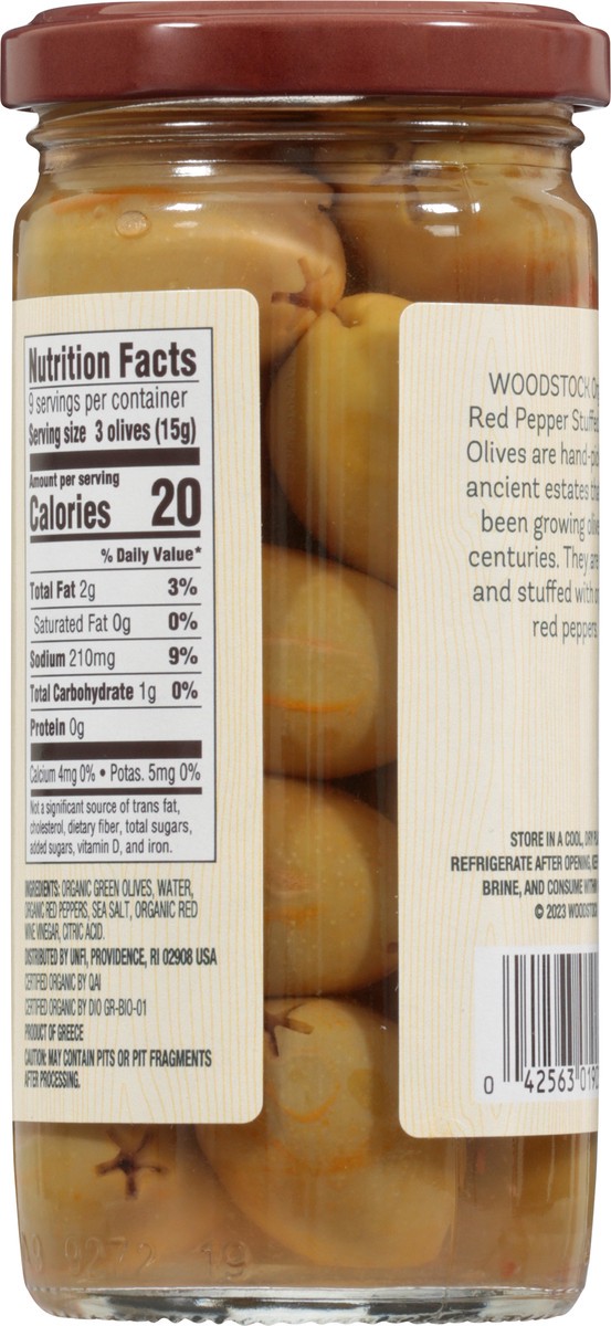 slide 5 of 13, Woodstock Og Red Pepper Stfd Olives, 8.5 oz