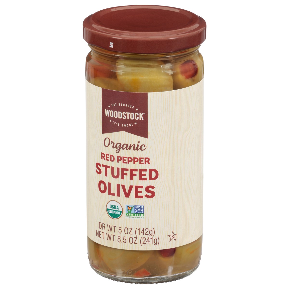 slide 12 of 13, Woodstock Og Red Pepper Stfd Olives, 8.5 oz