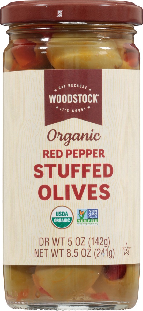 slide 8 of 13, Woodstock Og Red Pepper Stfd Olives, 8.5 oz