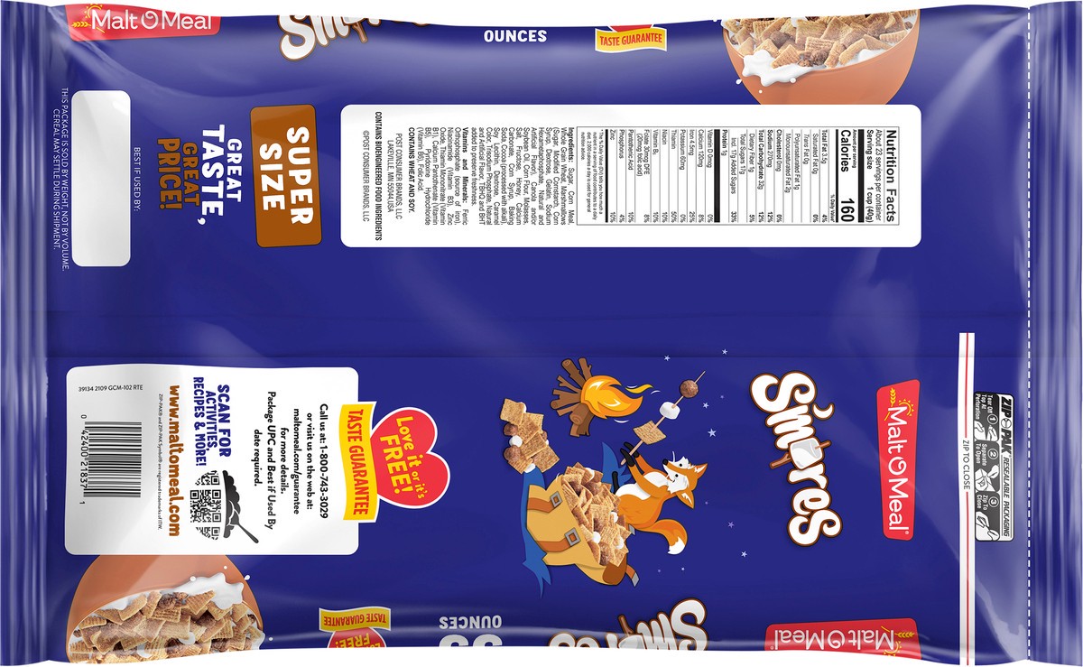 slide 3 of 7, Malt-O-Meal S'mores Breakfast Cereal, Smores Cereal, 33 OZ Bag, 33 oz