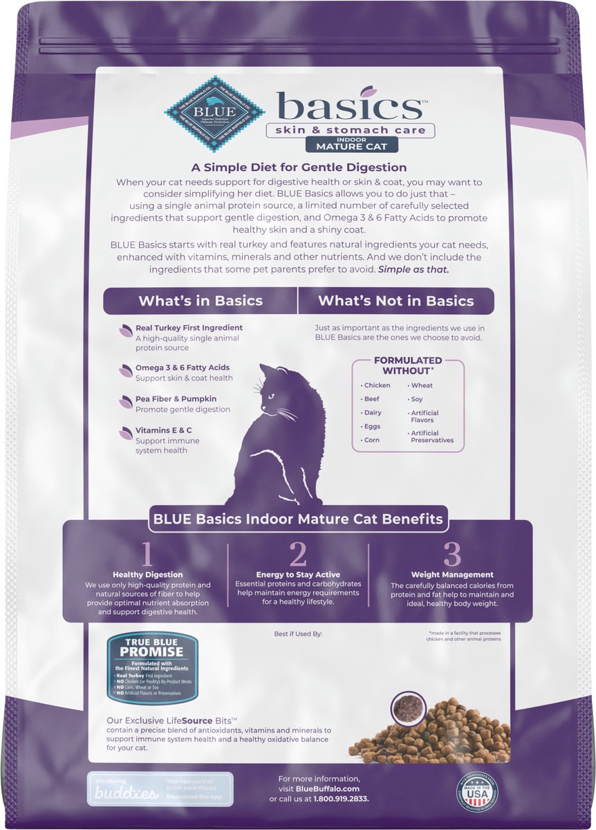 slide 3 of 13, Blue Buffalo Basics Skin & Stomach Care Grain Free, Natural Indoor Mature Dry Cat Food, Turkey & Potato 11-lb, 11 lb