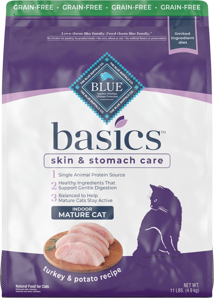 slide 9 of 13, Blue Buffalo Basics Skin & Stomach Care Grain Free, Natural Indoor Mature Dry Cat Food, Turkey & Potato 11-lb, 11 lb