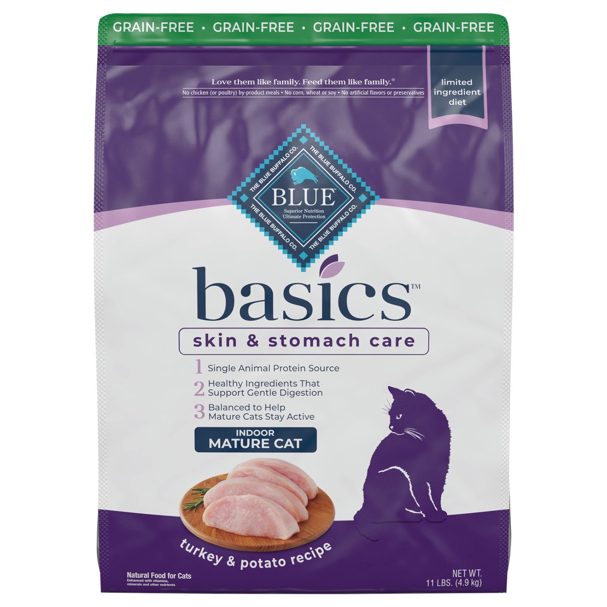 slide 10 of 13, Blue Buffalo Basics Skin & Stomach Care Grain Free, Natural Indoor Mature Dry Cat Food, Turkey & Potato 11-lb, 11 lb