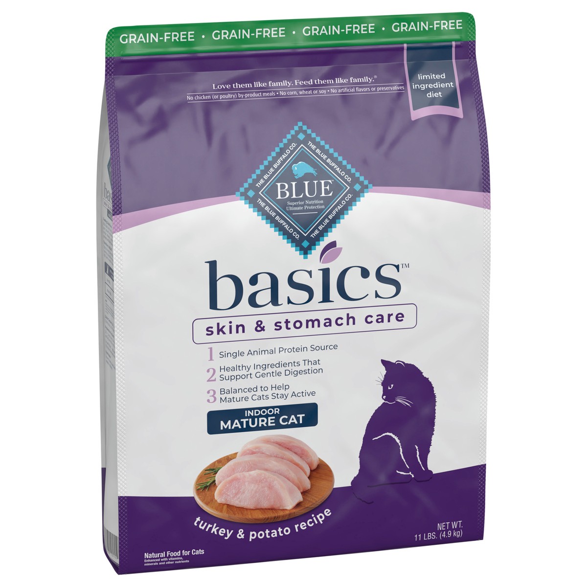 slide 11 of 13, Blue Buffalo Basics Skin & Stomach Care Grain Free, Natural Indoor Mature Dry Cat Food, Turkey & Potato 11-lb, 11 lb