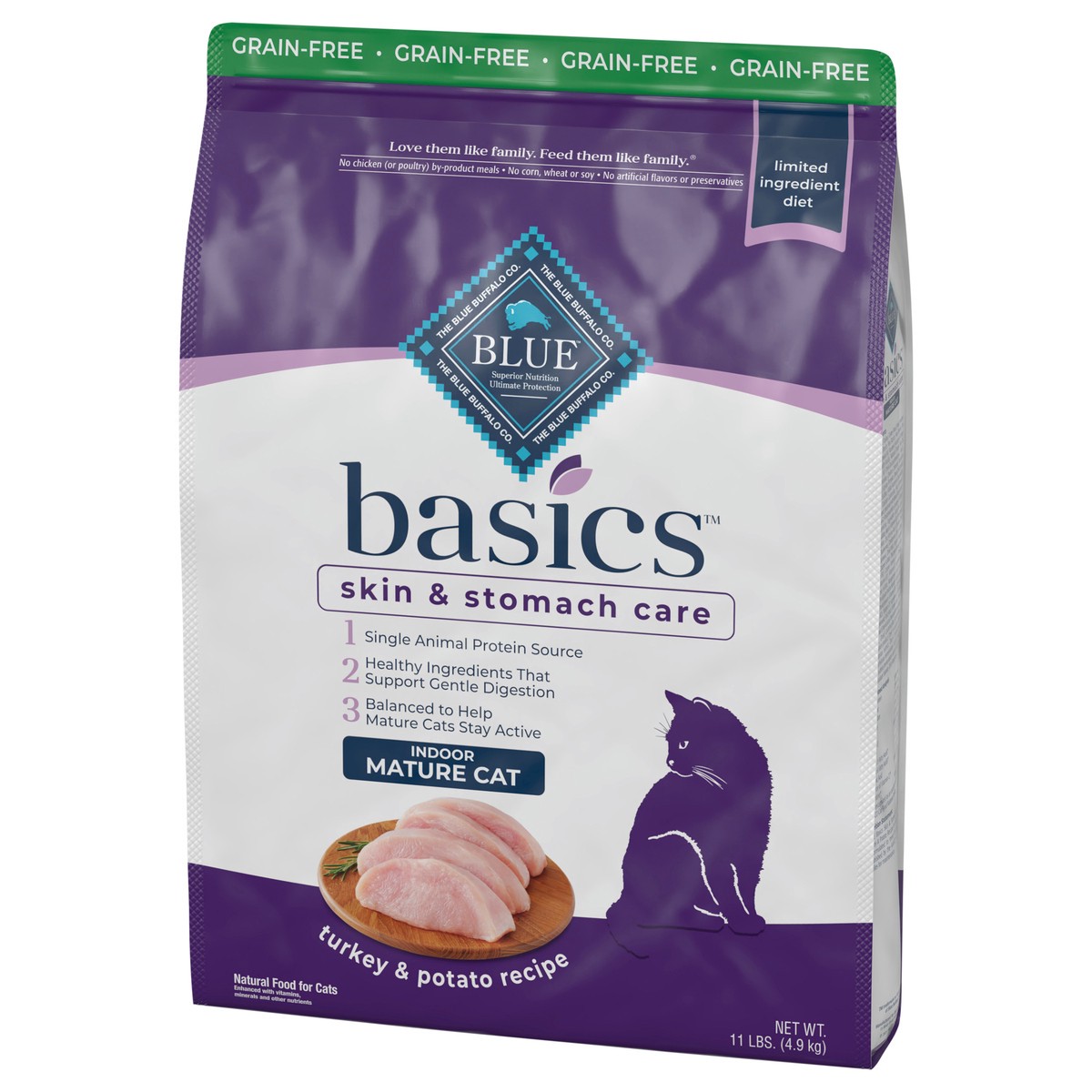 slide 12 of 13, Blue Buffalo Basics Skin & Stomach Care Grain Free, Natural Indoor Mature Dry Cat Food, Turkey & Potato 11-lb, 11 lb