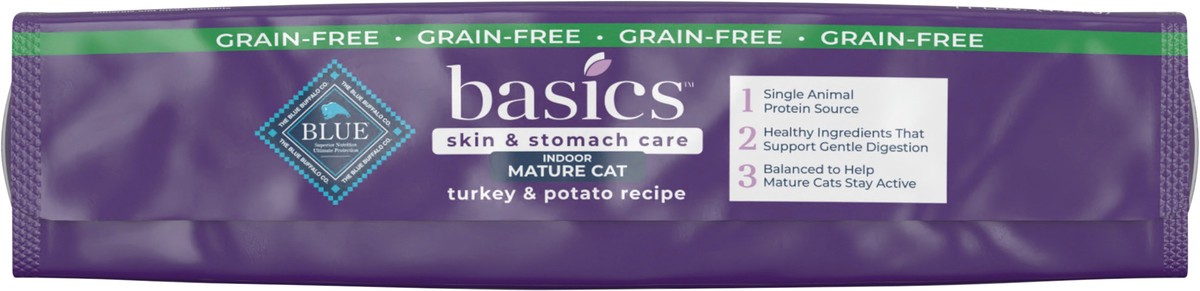 slide 6 of 13, Blue Buffalo Basics Skin & Stomach Care Grain Free, Natural Indoor Mature Dry Cat Food, Turkey & Potato 11-lb, 11 lb