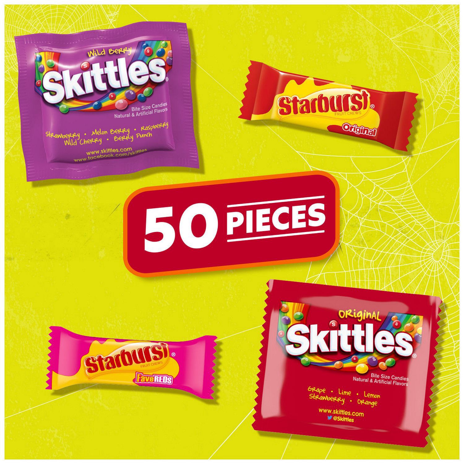 slide 6 of 7, Wrigley SKITTLES & STARBURST Fun Size Chewy Halloween Candy Variety Pack, 50 Ct Bulk Bag, 20.13 oz