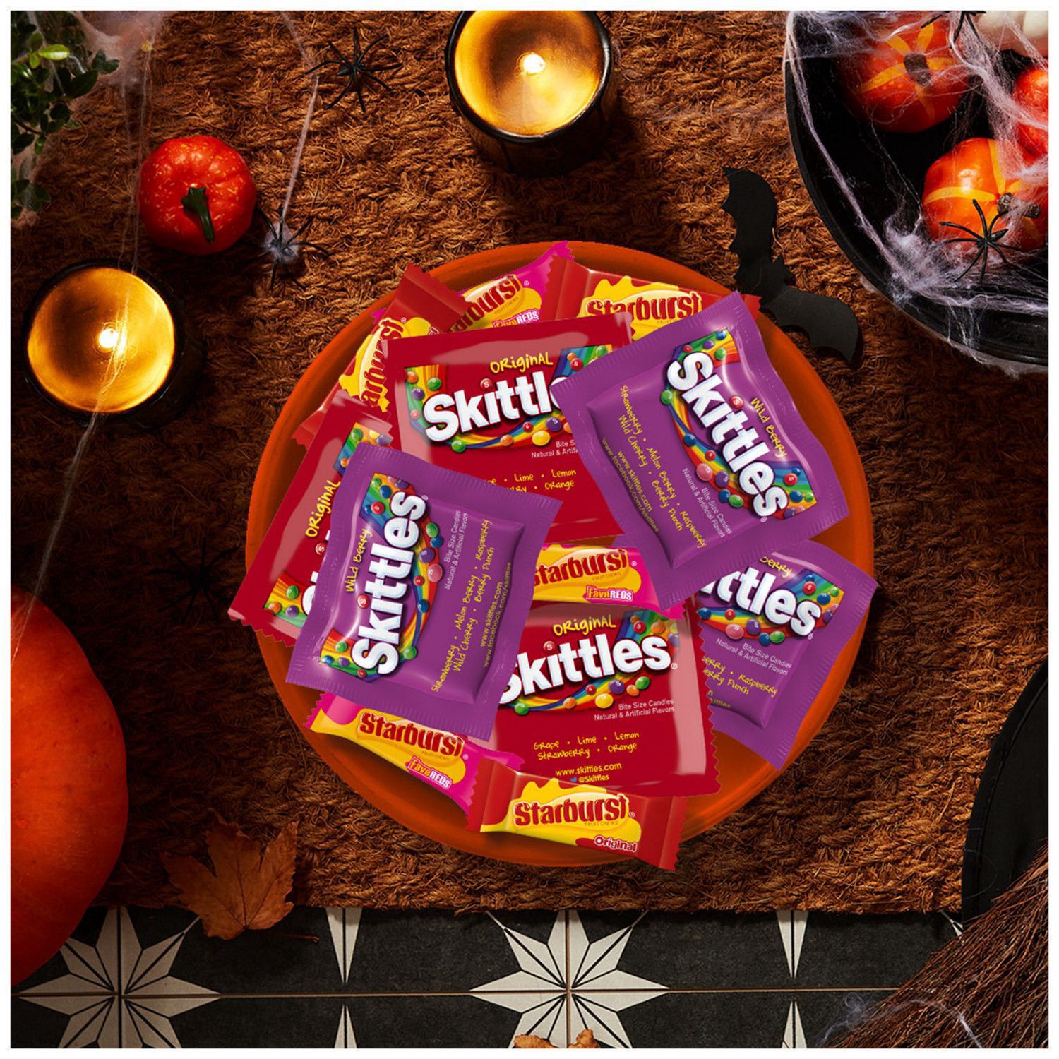 slide 2 of 7, Wrigley SKITTLES & STARBURST Fun Size Chewy Halloween Candy Variety Pack, 50 Ct Bulk Bag, 20.13 oz