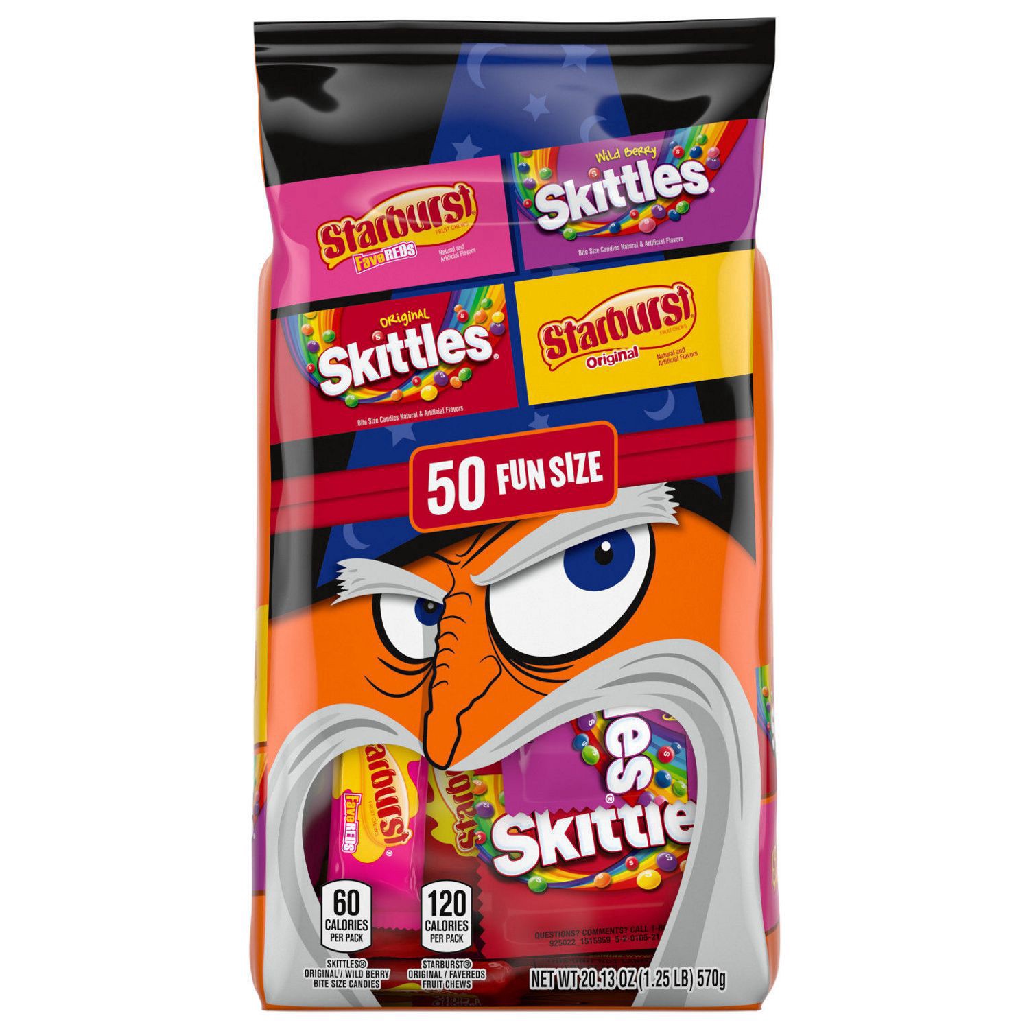 slide 1 of 7, Wrigley SKITTLES & STARBURST Fun Size Chewy Halloween Candy Variety Pack, 50 Ct Bulk Bag, 20.13 oz