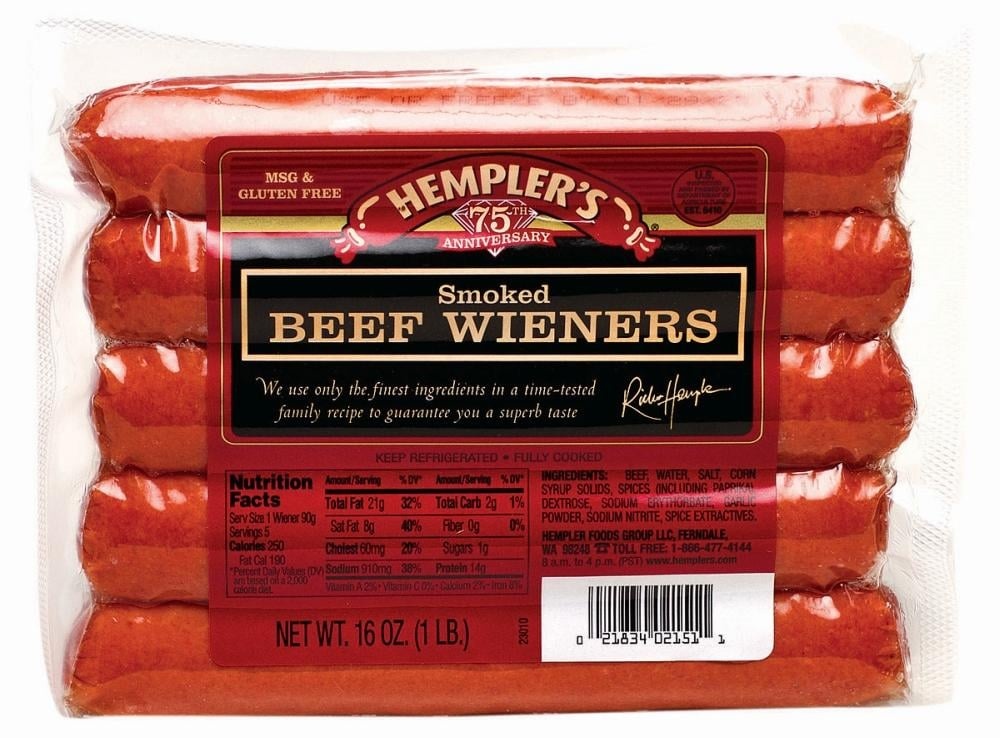 slide 1 of 1, Hempler's Beef Wieners, 16 oz