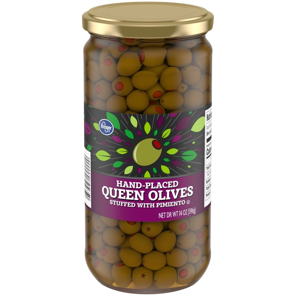 slide 1 of 1, Kroger Hand Placed Queen Olives Stuffed with Pimiento, 14 oz