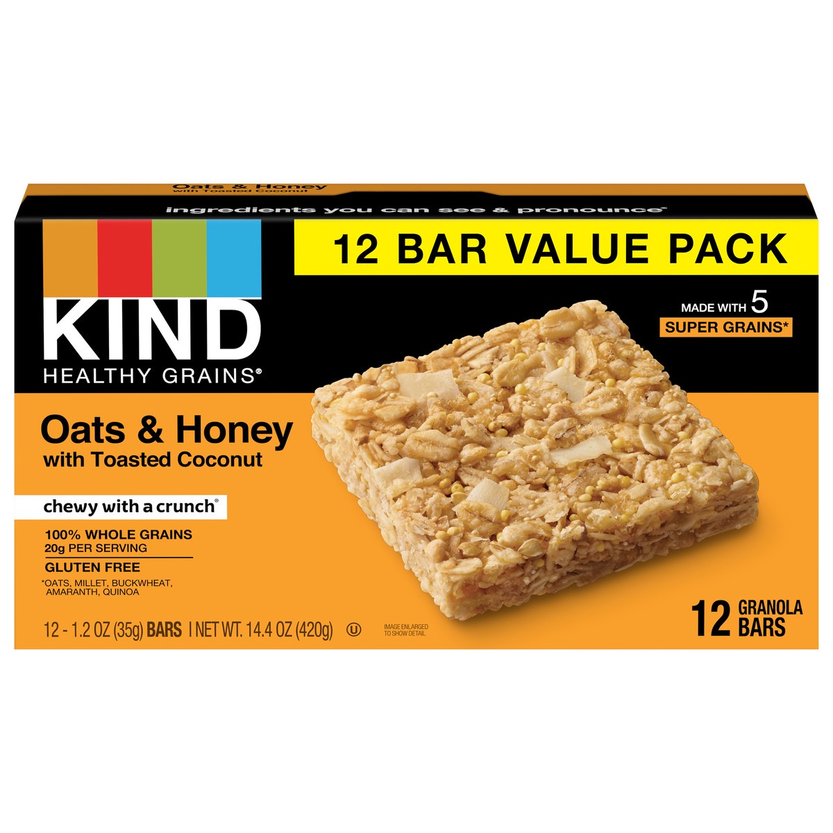 slide 1 of 9, KIND HEALTHY GRAINS Value Pack Oats & Honey with Toasted Coconut Bars, Gluten Free Bars, 1.2 OZ Bars (12 Count), 12 ct