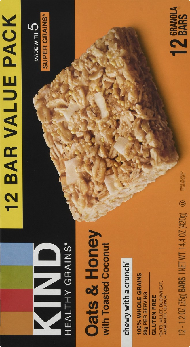 slide 4 of 9, KIND HEALTHY GRAINS Value Pack Oats & Honey with Toasted Coconut Bars, Gluten Free Bars, 1.2 OZ Bars (12 Count), 12 ct