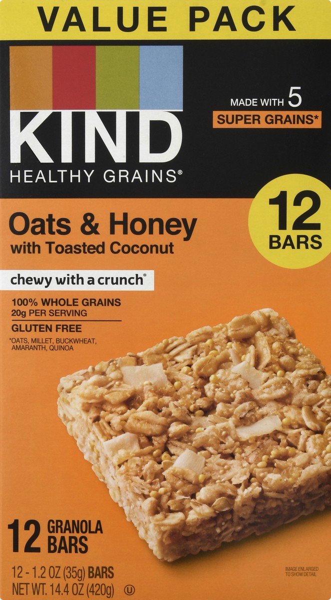 slide 5 of 9, KIND HEALTHY GRAINS Value Pack Oats & Honey with Toasted Coconut Bars, Gluten Free Bars, 1.2 OZ Bars (12 Count), 12 ct