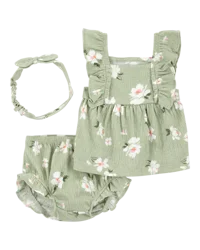 Carter's Baby 3-Piece Floral Gauze Top & Short Set Green 3M
