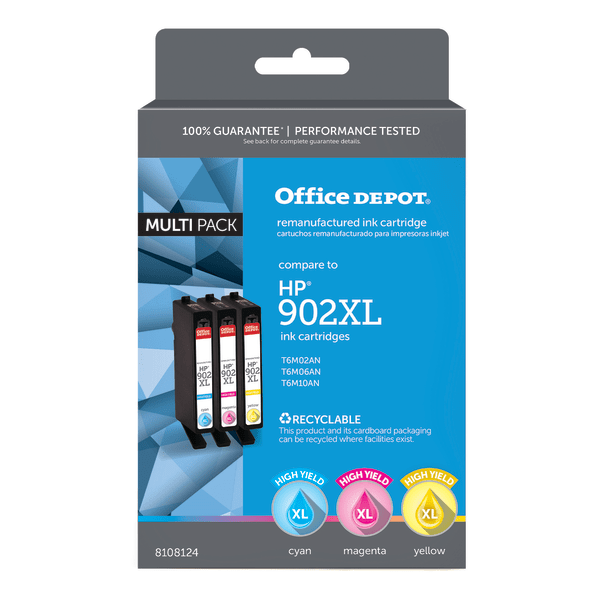 slide 1 of 1, Office Depot Brand Od902Xlcmynv3 (Hp 902Xl) High-Yield Remanufactured Cyan/Magenta/Yellow Ink Cartridges, Pack Of 3 Cartridges, 3 ct