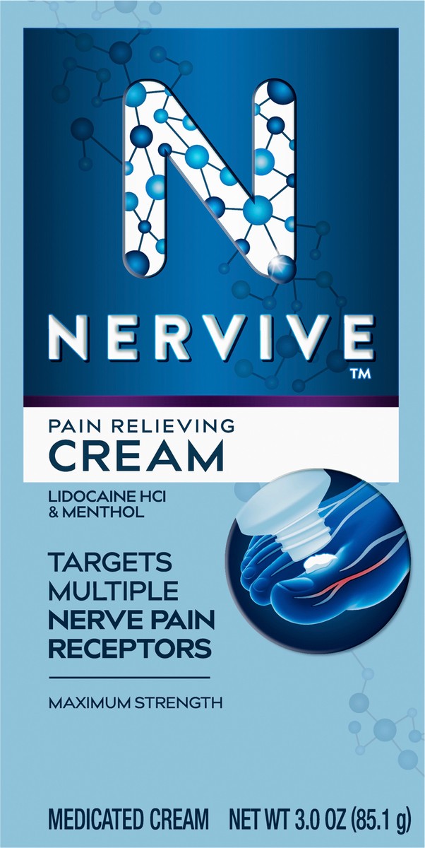 slide 2 of 2, Nervive Nerve Care, Pain Relieving Cream, Max Strength Non-Greasy Topical Pain Reliever with Lidocaine and Menthol for Toes, Feet, Fingers, Hands, Legs & Arms, 3.0oz, 3 oz