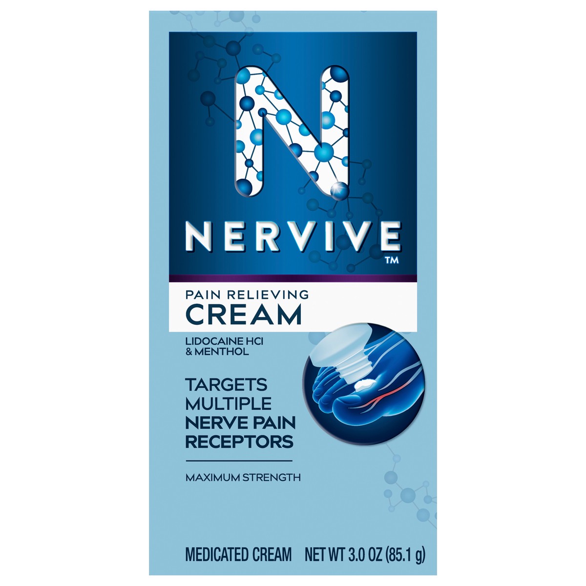 slide 1 of 2, Nervive Nerve Care, Pain Relieving Cream, Max Strength Non-Greasy Topical Pain Reliever with Lidocaine and Menthol for Toes, Feet, Fingers, Hands, Legs & Arms, 3.0oz, 3 oz