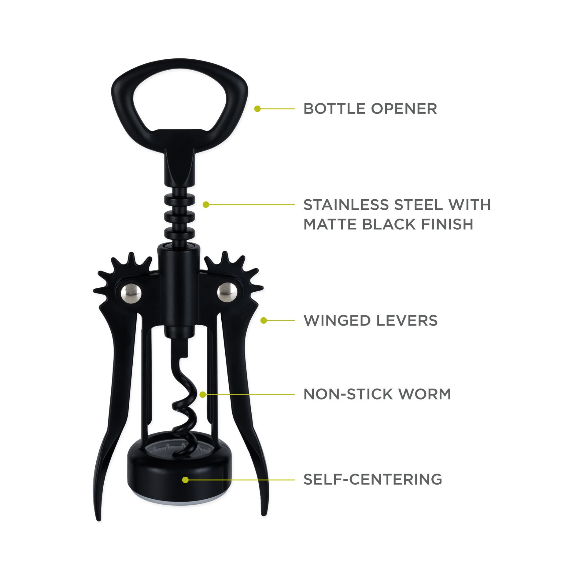 slide 5 of 5, True Soar Matte Black Winged Corkscrew, Self Centering Worm, Bottle Opener, 1 ct