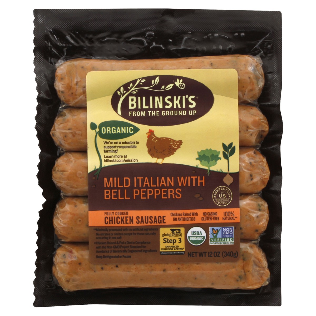 slide 8 of 9, Bilinski's Organic Mild Italian With Bell Peppers Chicken Sausage, 12 oz