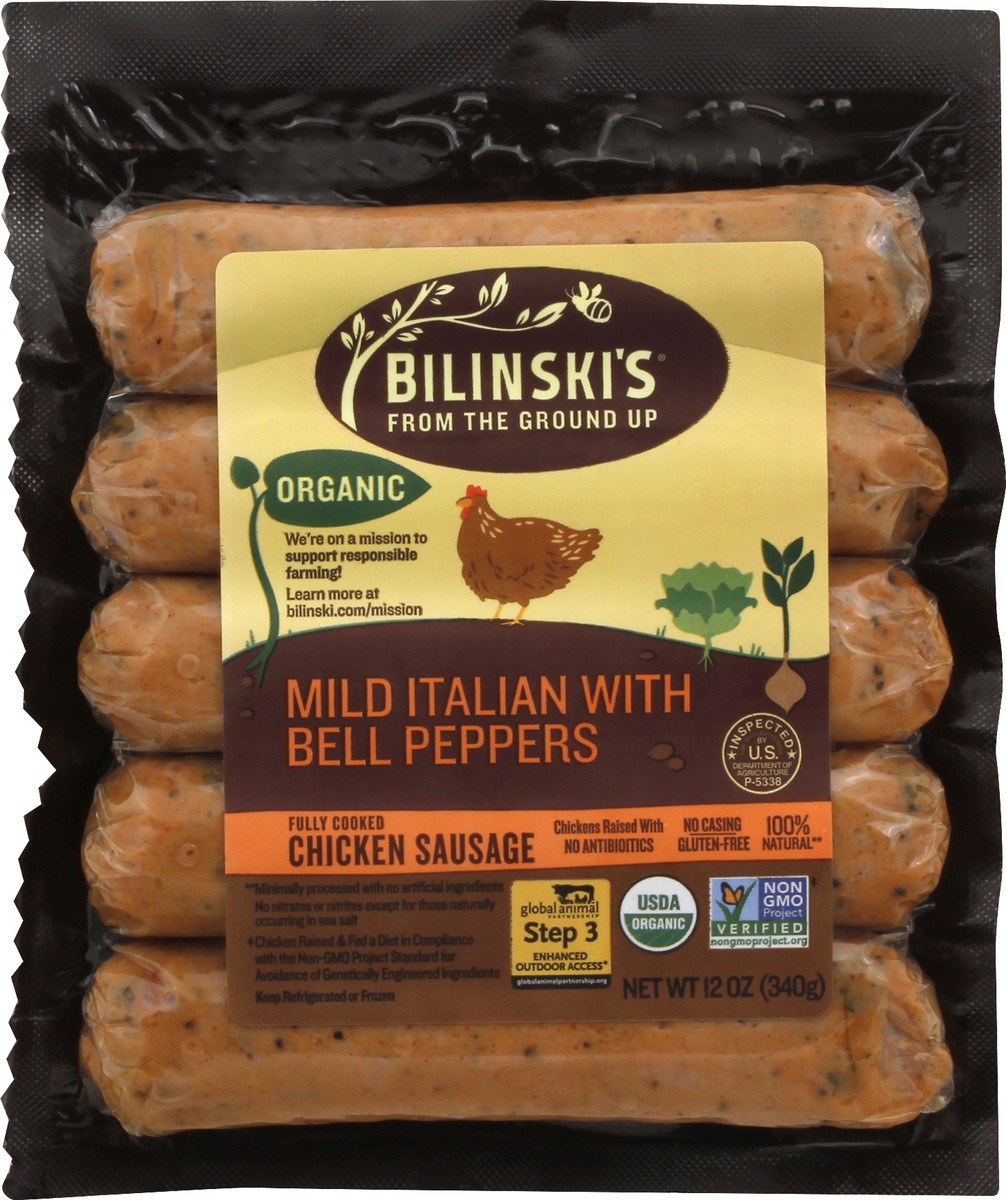 slide 1 of 9, Bilinski's Organic Mild Italian With Bell Peppers Chicken Sausage, 12 oz