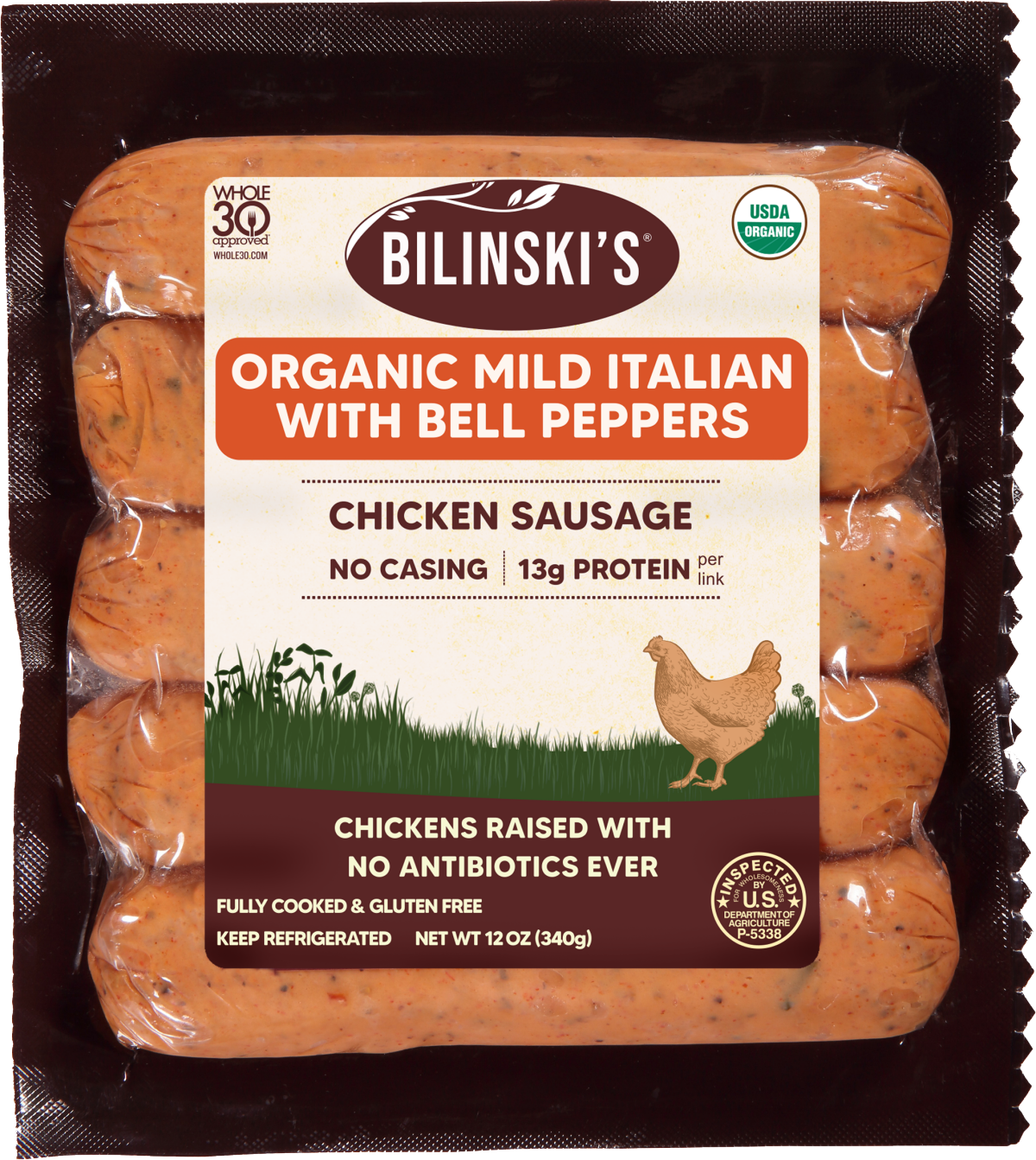 slide 1 of 9, Bilinski's Organic Mild Italian With Bell Peppers Chicken Sausage, 12 oz