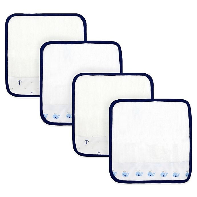 slide 1 of 1, Just Born Whale/Anchor4-Pack Washcloths - White/Navy, 1 ct