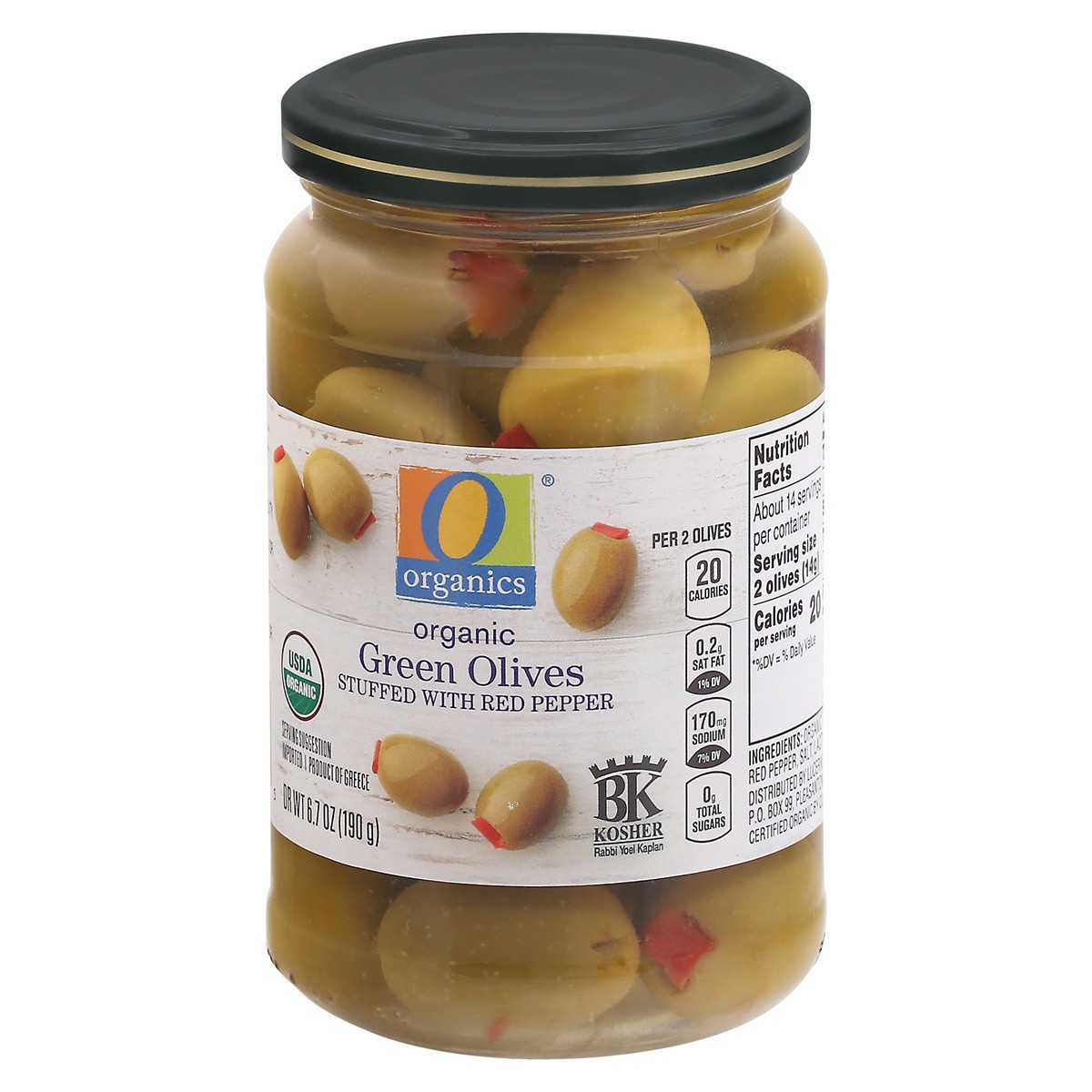slide 3 of 9, O Organics Olives Green Stuffed With Red Pepper, 6.7 oz