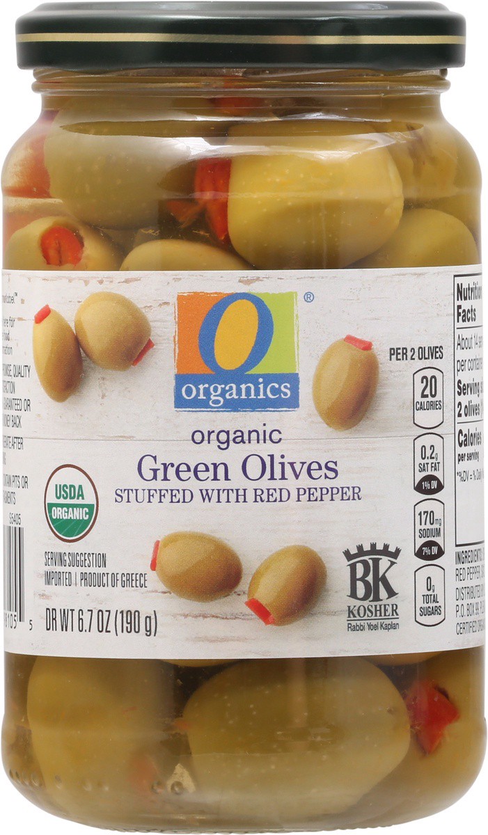 slide 6 of 9, O Organics Olives Green Stuffed With Red Pepper, 6.7 oz