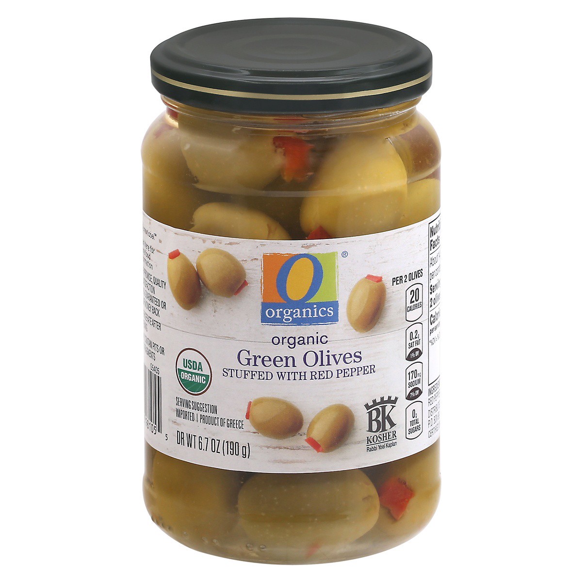 slide 1 of 9, O Organics Olives Green Stuffed With Red Pepper, 6.7 oz