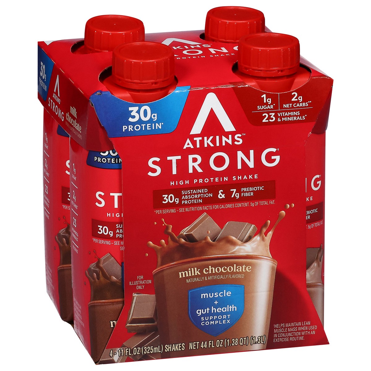 slide 5 of 12, Atkins Protein Shake, Milk Chocolate, Strong, Muscle + Gut Health, 4 ct
