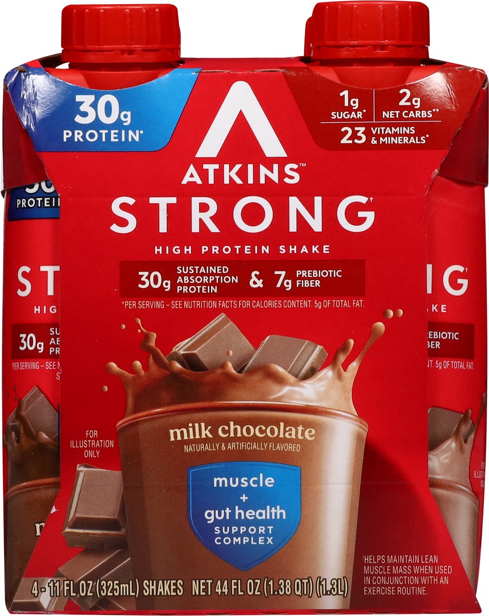 slide 7 of 12, Atkins Protein Shake, Milk Chocolate, Strong, Muscle + Gut Health, 4 ct