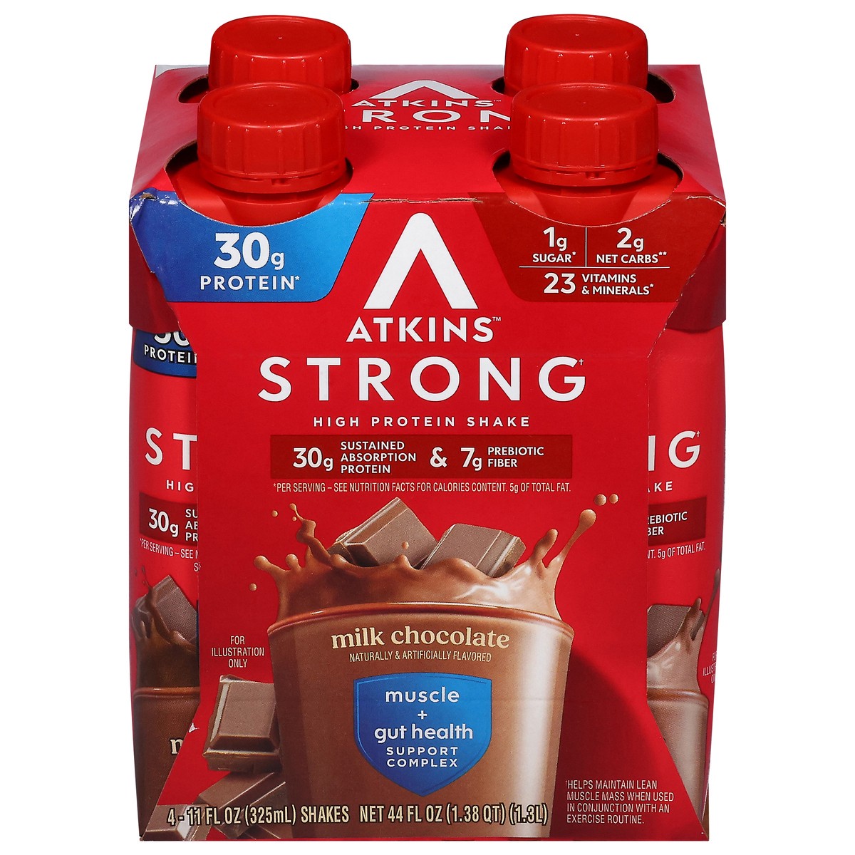 slide 1 of 12, Atkins Protein Shake, Milk Chocolate, Strong, Muscle + Gut Health, 4 ct