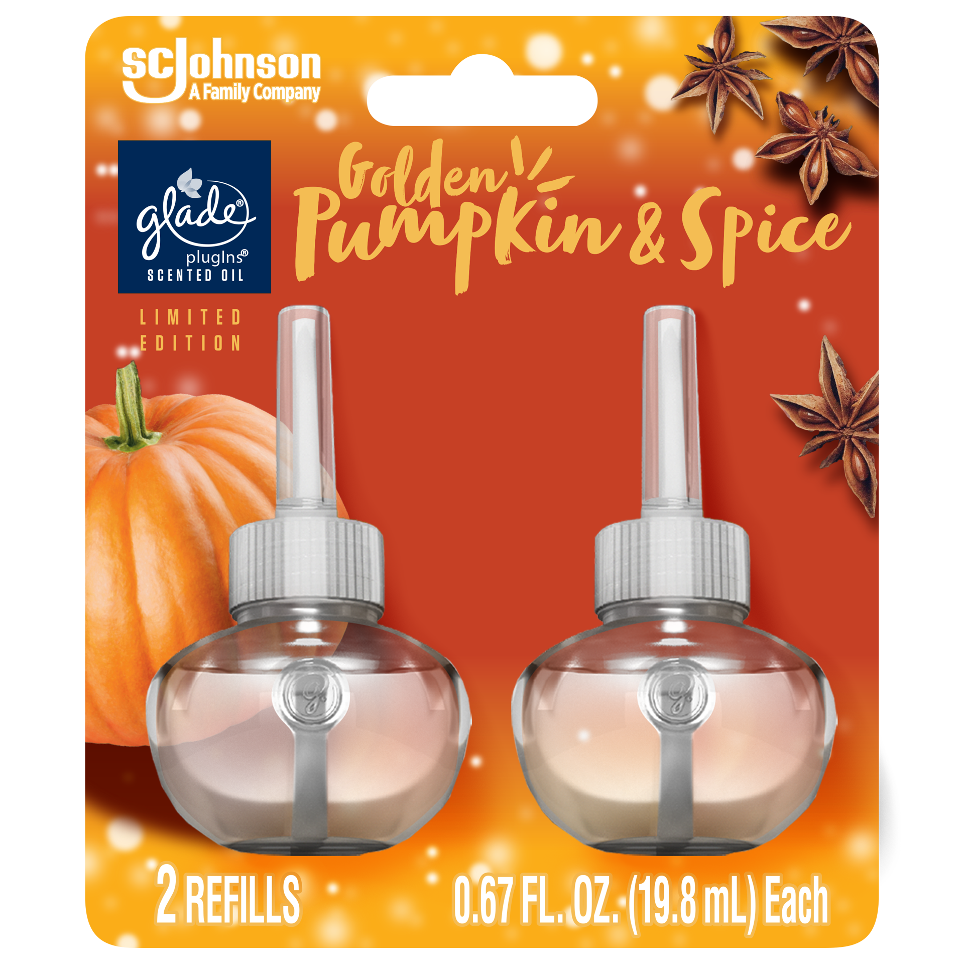 slide 5 of 5, Glade PlugIns Scented Oil, Air Freshener, 2 Refills, Golden Pumpkin & Spice, 0.67 oz Each, 1.34 oz Total, 1.34 oz