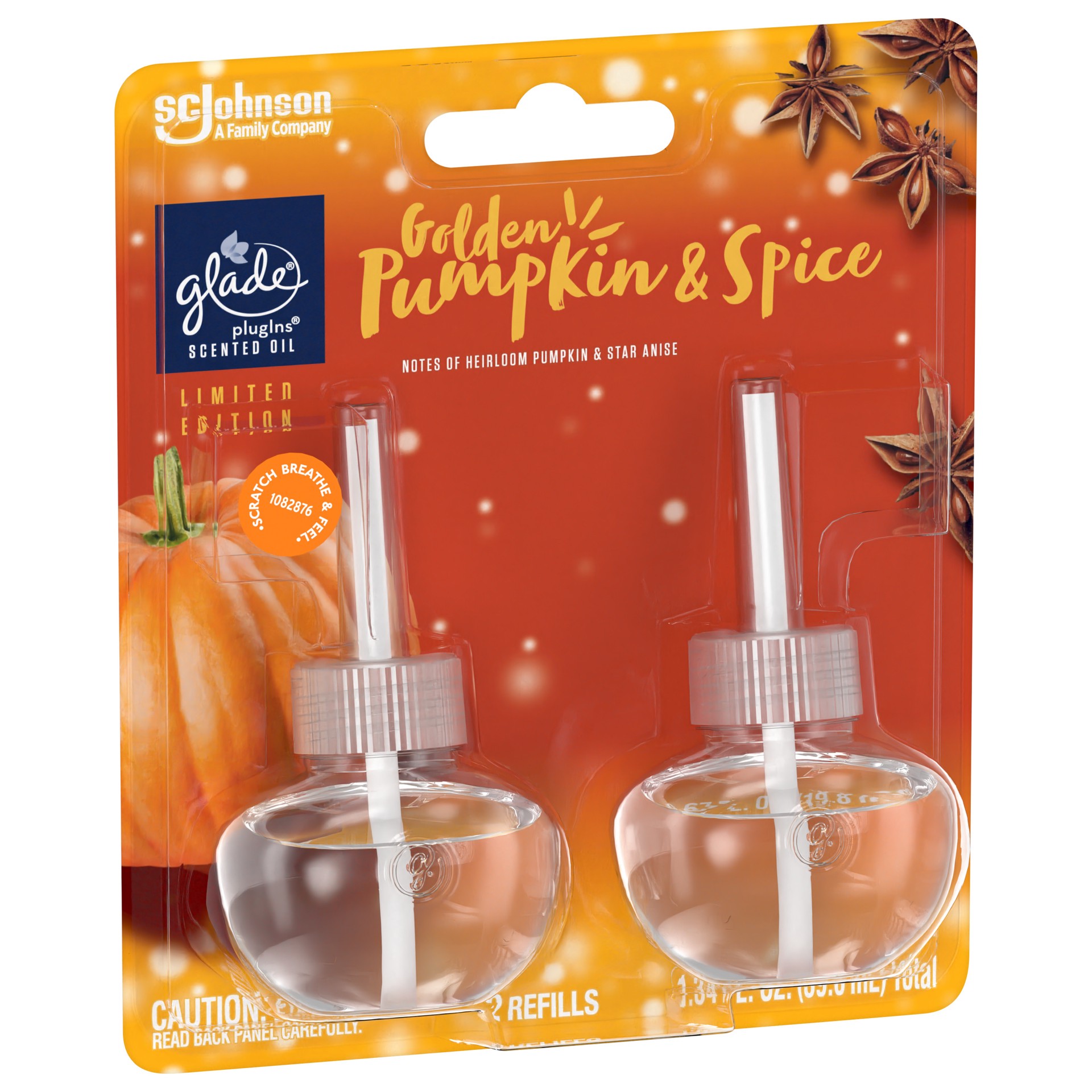 slide 3 of 5, Glade PlugIns Scented Oil, Air Freshener, 2 Refills, Golden Pumpkin & Spice, 0.67 oz Each, 1.34 oz Total, 1.34 oz