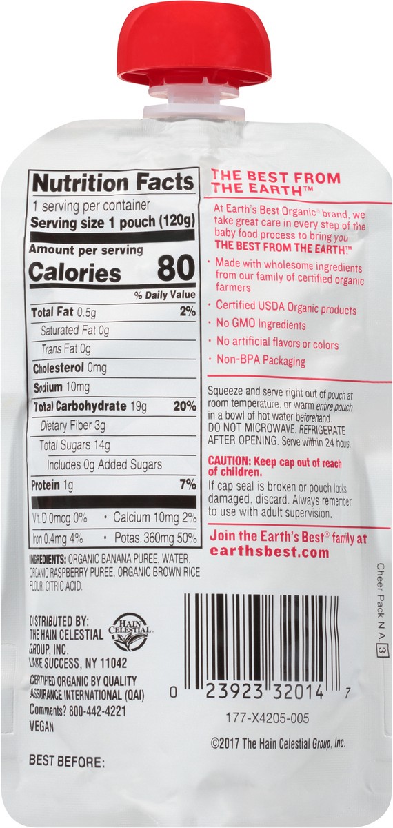 slide 4 of 7, Earth's Best Organic Stage 2 Banana Raspberry & Brown Rice Organic Fruit & Grain Puree 4.2 oz. Pouch, 4.2 oz