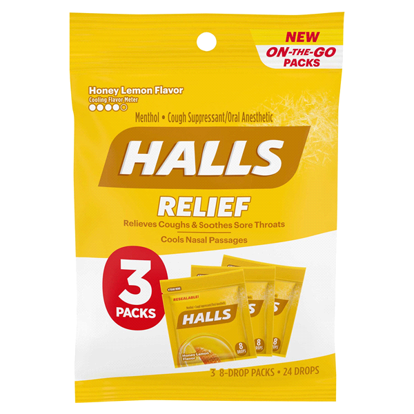 slide 1 of 1, Halls Relief Honey Lemon Flavor Cough Suppressant/Oral A, 24 ct