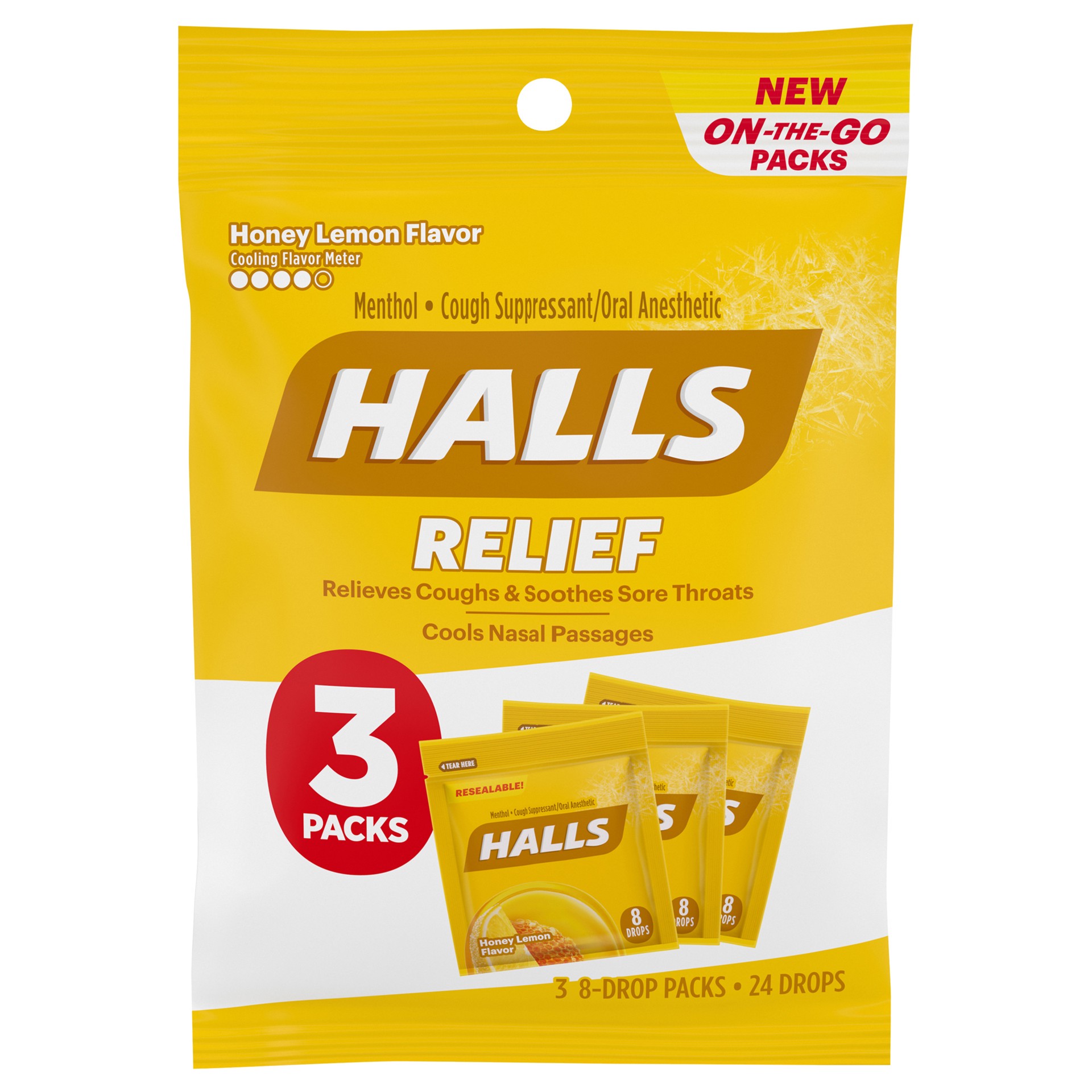 slide 1 of 9, HALLS Relief Honey Lemon Cough Drops, 3 On-the-Go Packs of 8 Drops (24 Drops Total), 2.62 oz