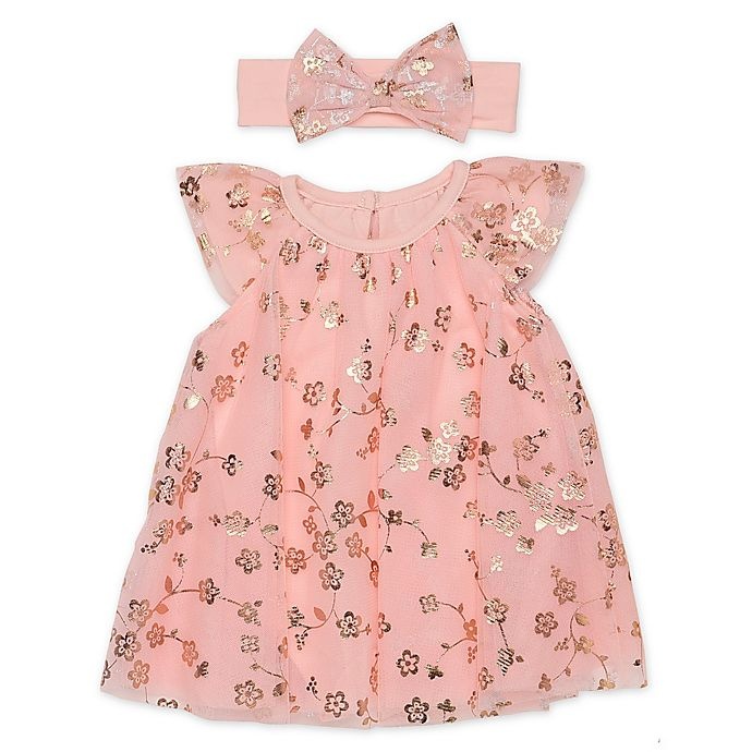 slide 1 of 1, Baby Starters Size Newborn Trapeze Dress and Headband Set - Rose Gold Floral, 2 ct